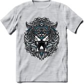 Tijger - Dieren Mandala T-Shirt | Blauw | Grappig Verjaardag Zentangle Dierenkop Cadeau Shirt | Dames - Heren - Unisex | Wildlife Tshirt Kleding Kado | - Licht Grijs - Gemaleerd -