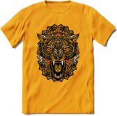 Wolf - Dieren Mandala T-Shirt | Oranje | Grappig Verjaardag Zentangle Dierenkop Cadeau Shirt | Dames - Heren - Unisex | Wildlife Tshirt Kleding Kado | - Geel - L