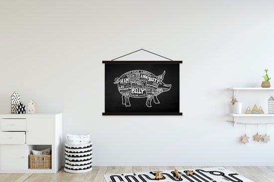 Porte-affiche avec affiche - Affiche scolaire - Cochon - Boucher - Viande - 150x100 cm - Lattes noires