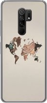 Geschikt voor Xiaomi Redmi 9 hoesje - Wereldkaart - Hout - Bruin - Siliconen Telefoonhoesje