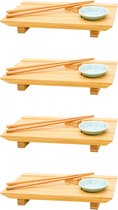 4x Japanse Sushi Serveerbladen - 27x16x4 Bamboe Borden - Houten Planken met Schaaltjes