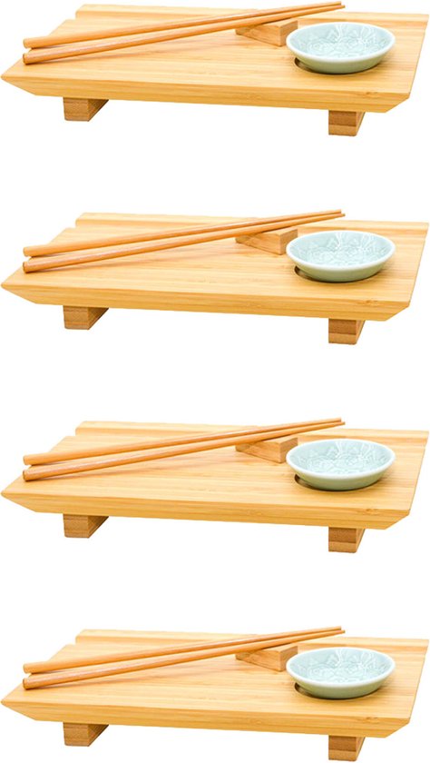 Foto: 4x japanse sushi serveerbladen 27x16x4 bamboe borden houten planken met schaaltjes