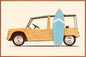 JUNIQE - Poster met kunststof lijst Vintage Car With Surfboard -40x60