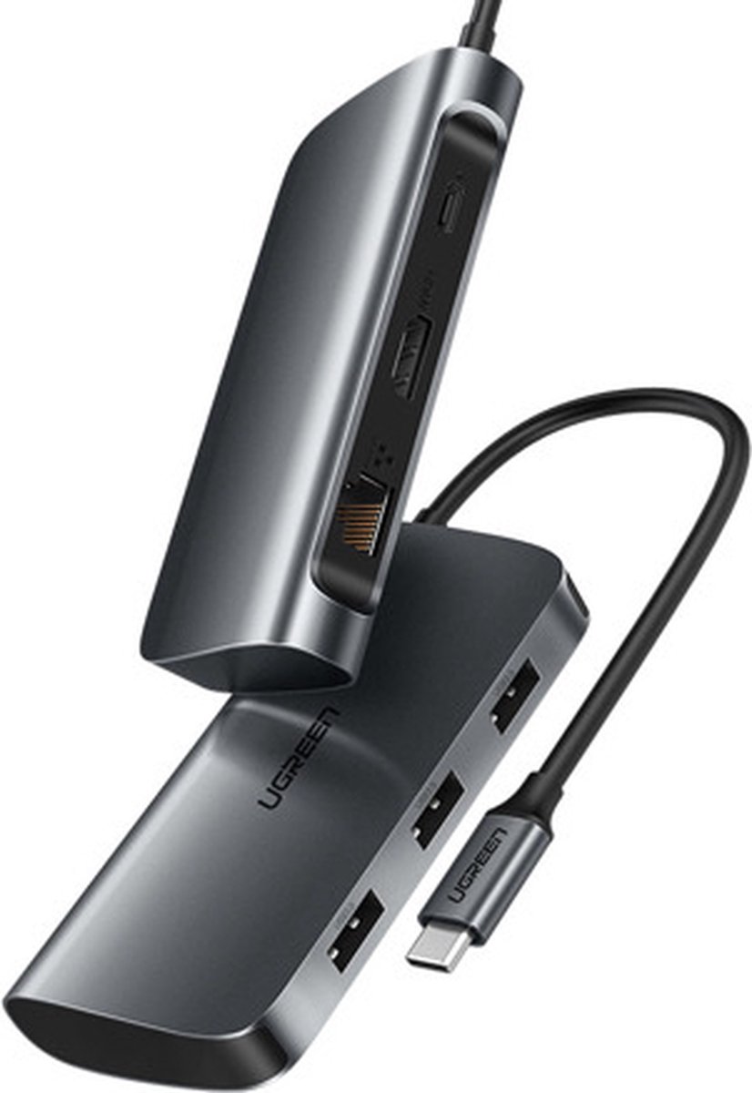 UGREEN USB-C Hub HDMI 4K, 3x USB 3.0, Typ-C, RJ45 Voor Mackbook Pro 2018/2017/2016, Macbook Air 2018,Mackbook 2017/12016/2015 (grijs) 017799