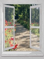 D&C Collection - tuinposter - 65x90 cm - doorkijk - wit luxe venster - klaprozen-pad - tuin decoratie - tuinposters buiten - schuttingposter - tuindoek