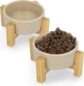 Navaris 2 voerbakjes met standaard - Keramische voerbakset met bamboe houders voor katten en honden - Deens ontwerp - Vaatwasserbestendig