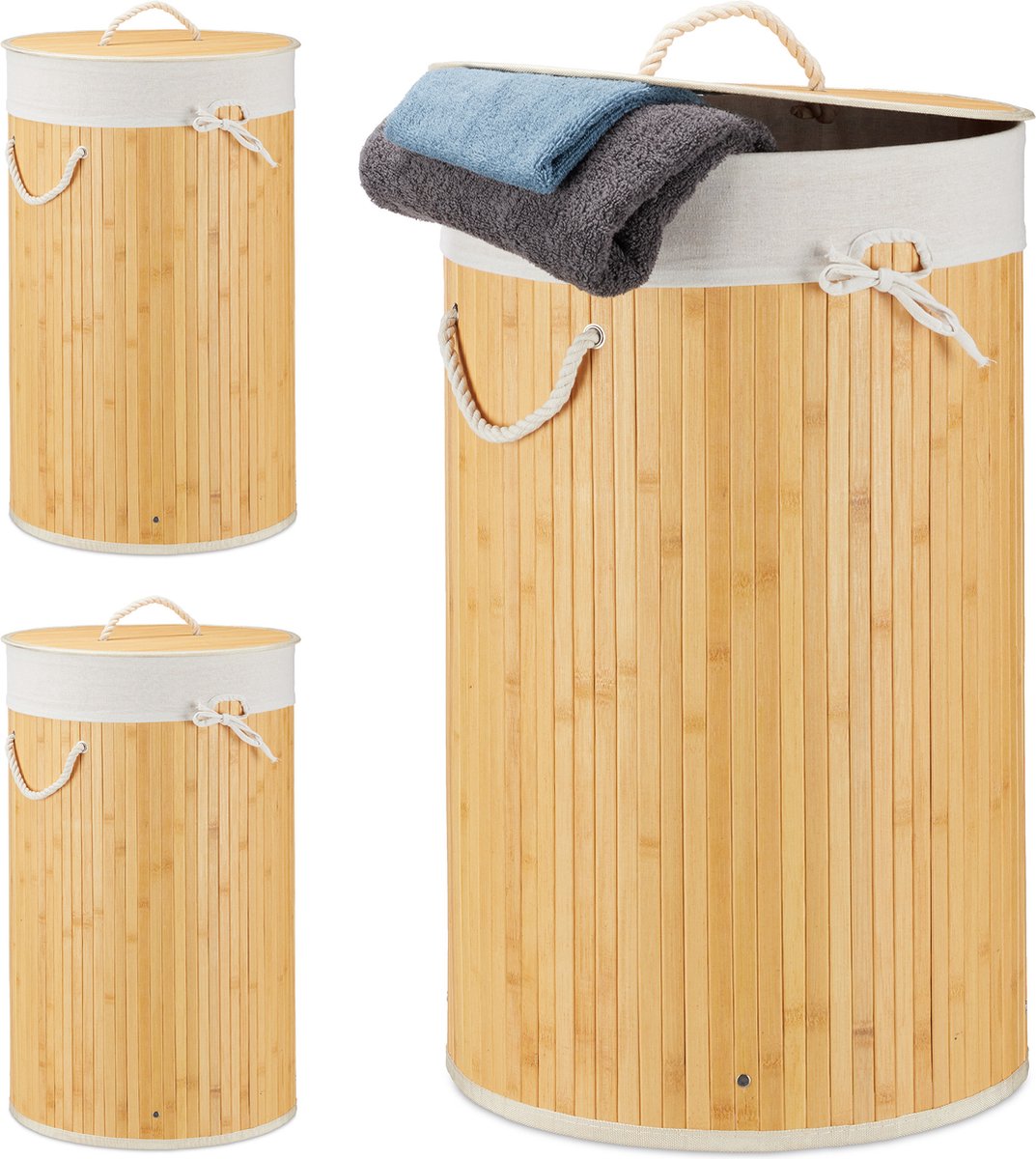 Goedkoopste 3x wasmand bamboe - wasbox met deksel - 70 liter - rond - 65 x 41 cm - crÃ¨me