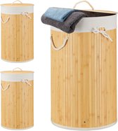 Relaxdays 3x wasmand bamboe - wasbox met deksel - 70 liter - rond - 65 x 41 cm - crème
