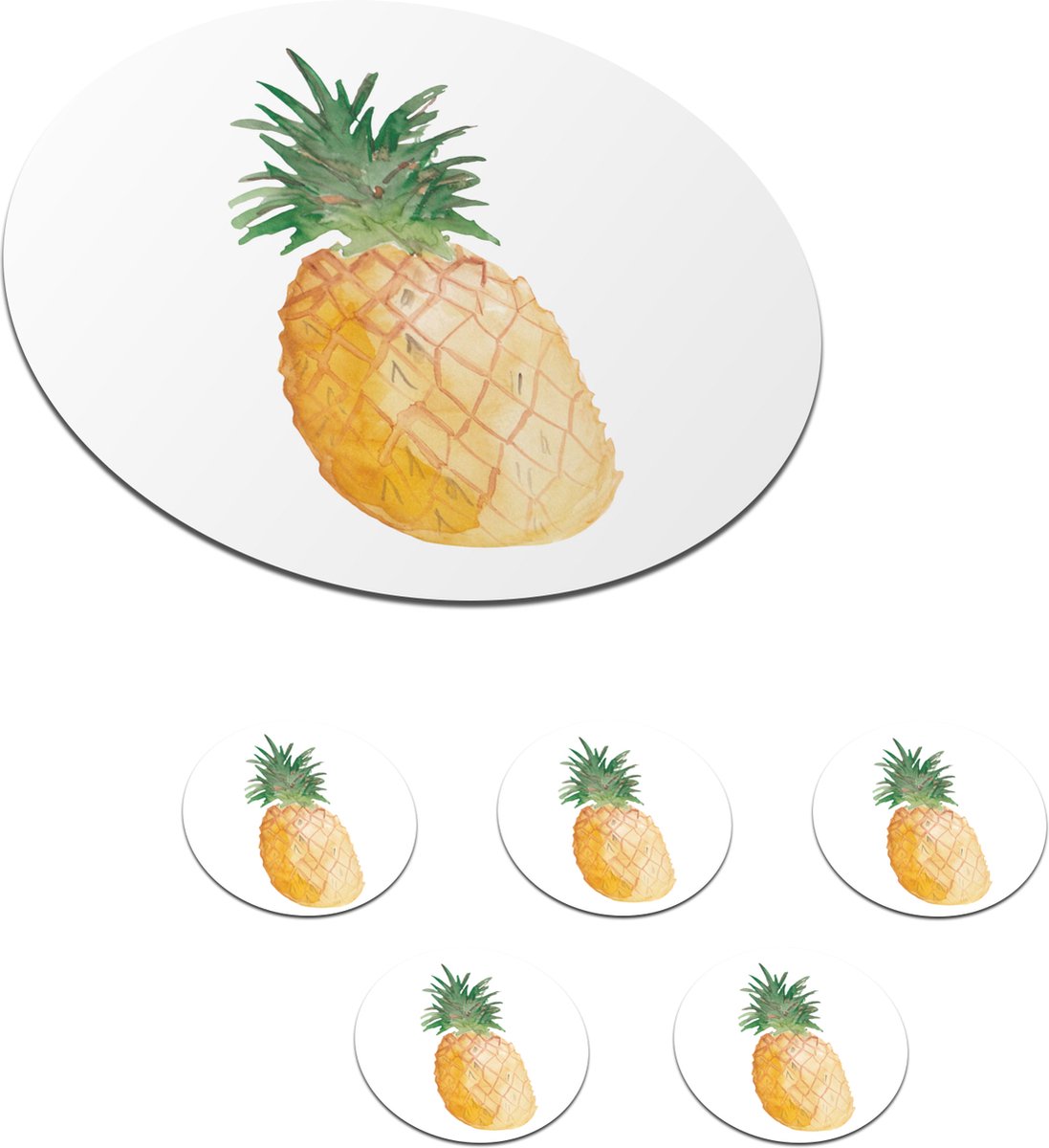 Onderzetters voor glazen - Rond - Ananas - Aquarelverf - Wit - 10x10 cm - Glasonderzetters - 6 stuks