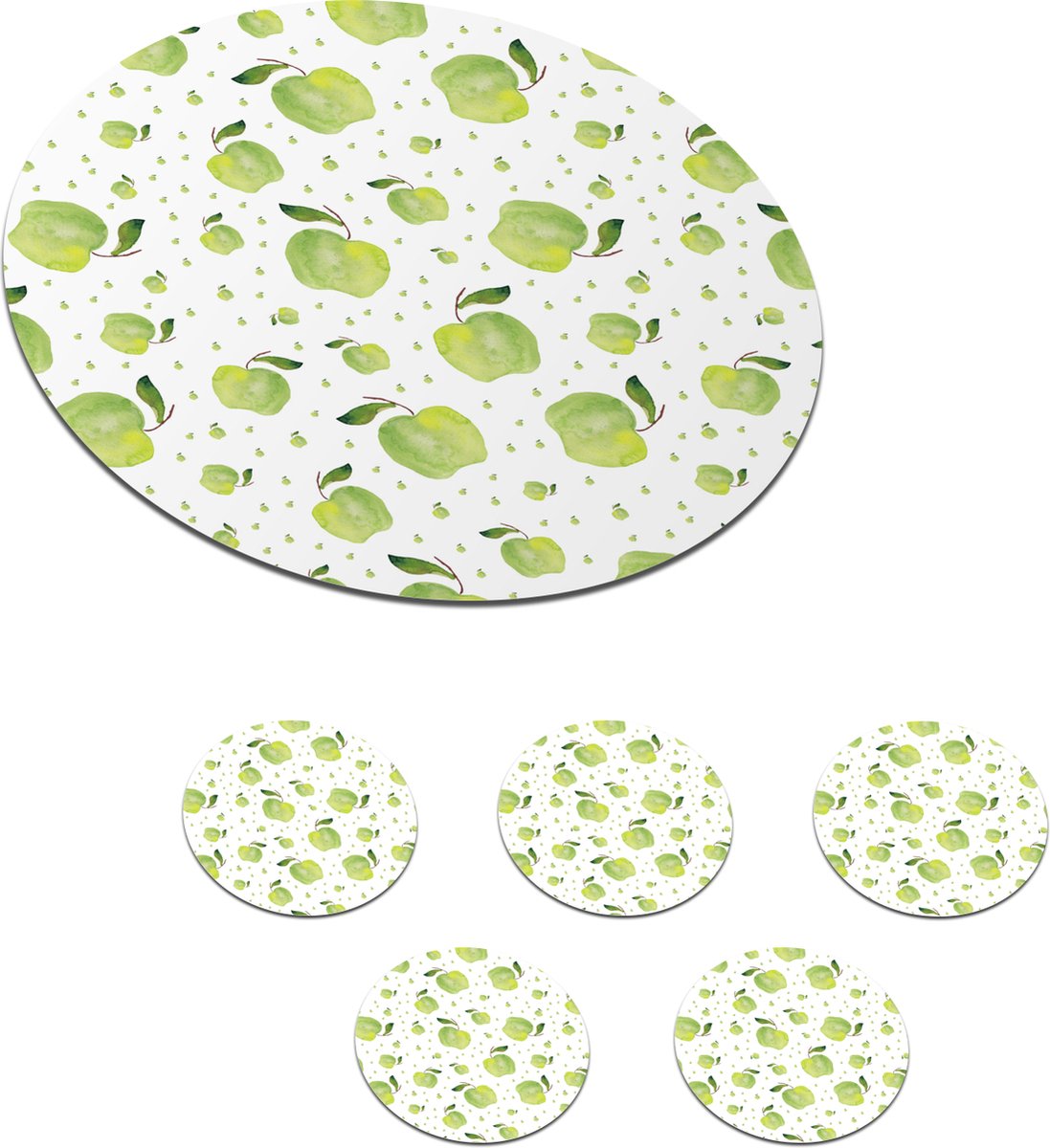 Onderzetters voor glazen - Rond - Appels - Groen - Wit - 10x10 cm - Glasonderzetters - 6 stuks