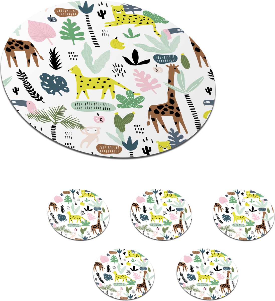 Onderzetters voor glazen - Rond - Jungle - Giraffe - Aap - 10x10 cm - Glasonderzetters - 6 stuks