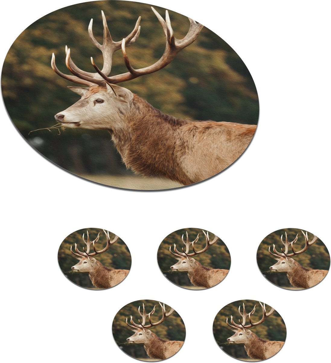 Onderzetters voor glazen - Rond - Hert - Gras - Bos - Gewei - 10x10 cm - Glasonderzetters - 6 stuks
