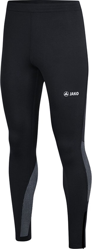 Collant de course Jako noir avec des panneaux réfléchissants argentés sur le bas des jambes.