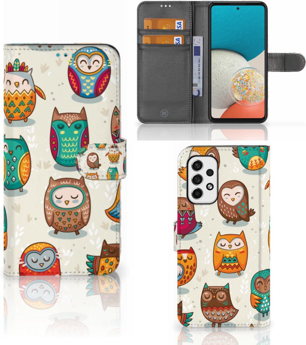 Book Case voor Samsung Galaxy A53 Telefoonhoesje met Pasjes Vrolijke Uilen