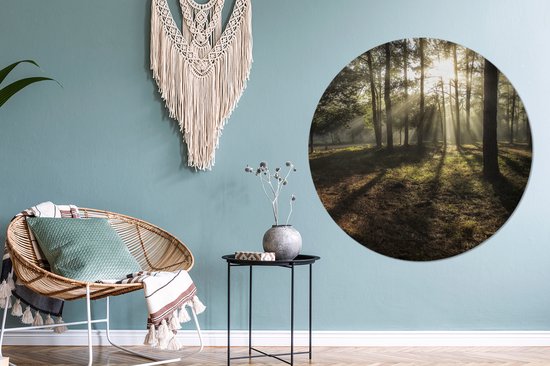 WallCircle - Stickers muraux - Cercle Papier Peint - Forêt - Soleil - Brouillard - 120x120 cm - Cercle Mural - Auto Adhésif - Sticker Papier Peint Rond XXL