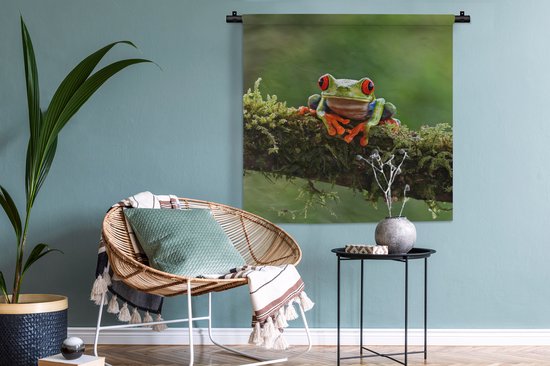 Tenture murale - Tissu mural - Grenouille aux yeux rouges sur une branche couverte - 90x90 cm - Tapisserie murale