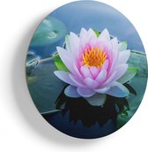Artaza Houten Muurcirkel - Roze Lotusbloem Met Waterlelies  - Ø 80 cm - Groot - Multiplex Wandcirkel - Rond Schilderij