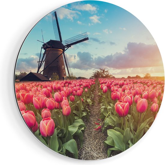 Artaza Muurcirkel - Roze Tulpen Bloemenveld - Met Windmolen - Wandcirkel - Rond Schilderij