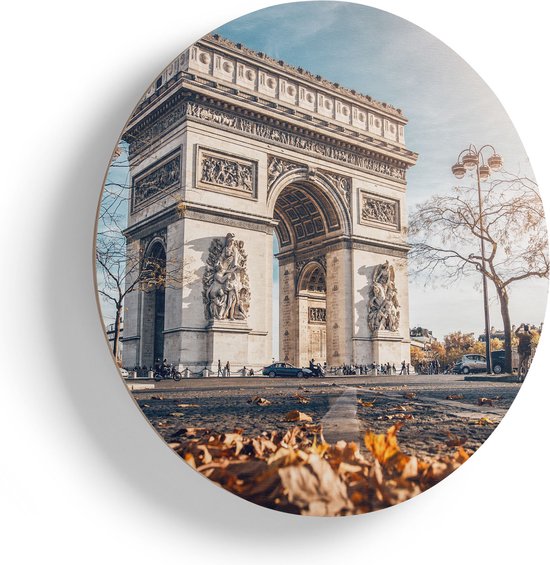 Artaza Houten Muurcirkel - Arc De Triomphe In Parijs Tijdens De Herfst - Ø 70 cm - Multiplex Wandcirkel - Rond Schilderij
