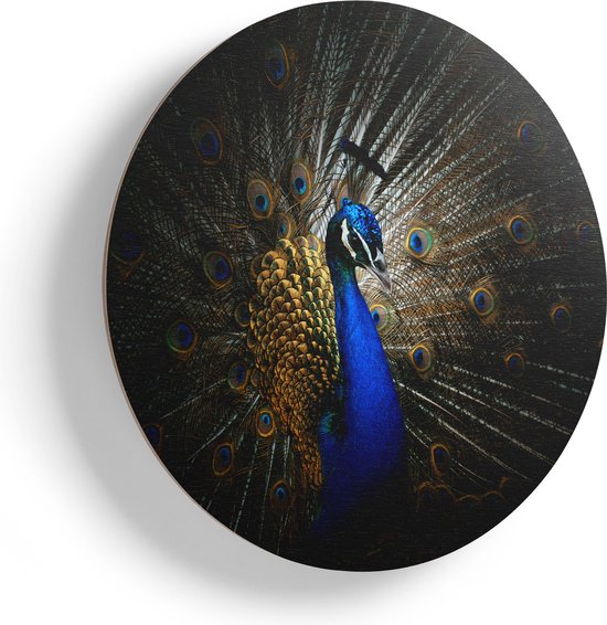 Artaza Houten Muurcirkel - Blauwe Pauw Met Grote Veren - Ø 70 cm - Multiplex Wandcirkel - Rond Schilderij