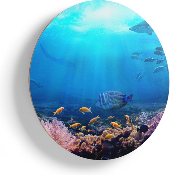 Artaza Houten Muurcirkel - Vissen met Haaien in de Oceaan met Koraalrif - Ø 70 cm - Multiplex Wandcirkel - Rond Schilderij