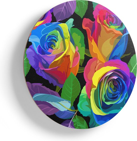 Artaza Houten Muurcirkel - Kleurrijke Rozen - Bloemen - Abstract - Ø 65 cm - Multiplex Wandcirkel - Rond Schilderij