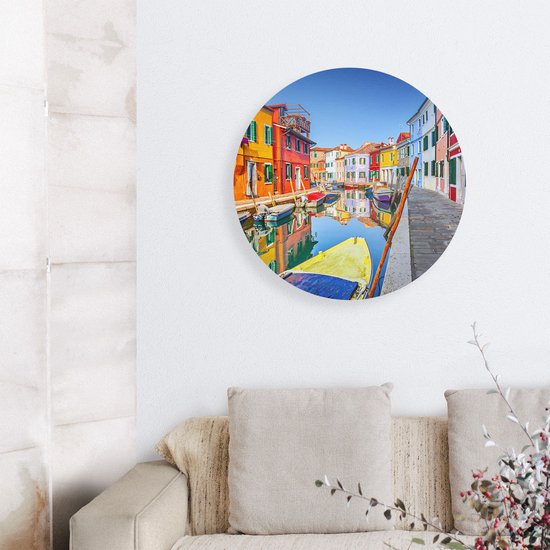 Artaza Dibond Muurcirkel Kleurrijke Huisjes aan het Water in Venetië - Ø 60 cm - Wandcirkel - Rond Schilderij - Voor Binnen en Buiten