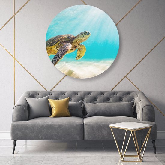 Artaza Dibond Muurcirkel Schildpad Zwemt in de Helder Blauwe Zee - Ø 90 cm - Groot - Wandcirkel - Rond Schilderij - Voor Binnen en Buiten