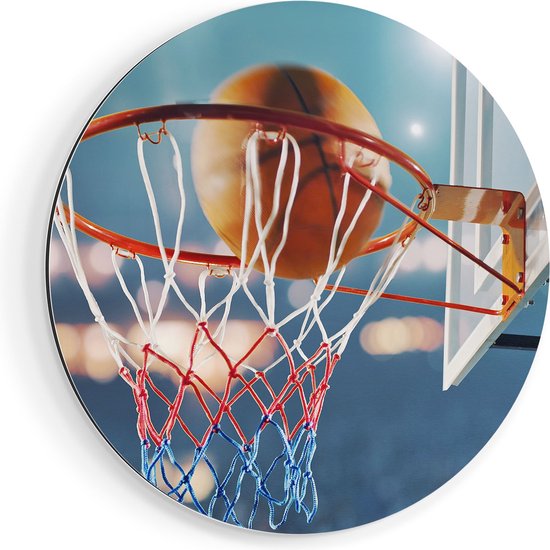 Artaza Dibond Muurcirkel Basketbal in Ring - Hoepel - Bord - Ø 90 cm - Groot - Wandcirkel - Rond Schilderij - Voor Binnen en Buiten