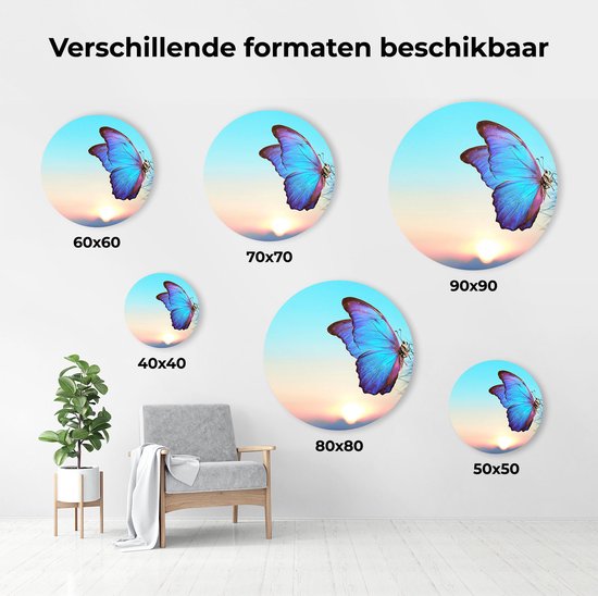 Artaza Dibond Cercle Mural Papillon Bleu Aux Pissenlits - Ø 90 cm - Groot - Cercle Mural - Tableau Rond - Pour Intérieur et Extérieur