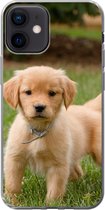 Geschikt voor iPhone 12 hoesje - Golden Retriever pup in het groene gras - Siliconen Telefoonhoesje