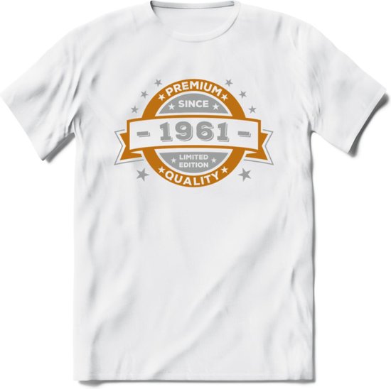 Premium Since 1961 T-Shirt | Goud - Zilver | Grappig Verjaardag Kleding Cadeau Shirt | Dames - Heren - Unisex Tshirt | - Wit - 3XL