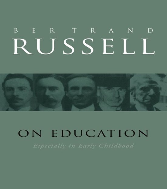 Boek 'On Education' van Bertrand Russell, met portretten van vijf mannen.
