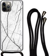 Cordon de téléphone - Chaîne de téléphone - Étui de téléphone Convient pour iPhone 13 Pro Max - Imprimé marbre - Zwart - Wit - Siliconen - Bandoulière - Étui de téléphone avec cordon