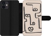Bookcase Geschikt voor iPhone 12 Mini telefoonhoesje - Oog - Lippen - Line art - Met vakjes - Wallet case met magneetsluiting