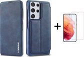 Luxe Telefoonhoesje voor Samsung Galaxy S22 Ultra | Hoogwaardig Leren Bookcase | Luxe Uitstraling | Flip Case | Portemonnee | Blauw + 1x Screenprotector
