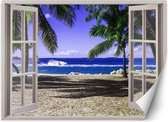 Trend24 - Behang - Raam Met Uitzicht Op Tropisch Strand - Behangpapier - Fotobehang Natuur - Behang Woonkamer - 140x100 cm - Incl. behanglijm