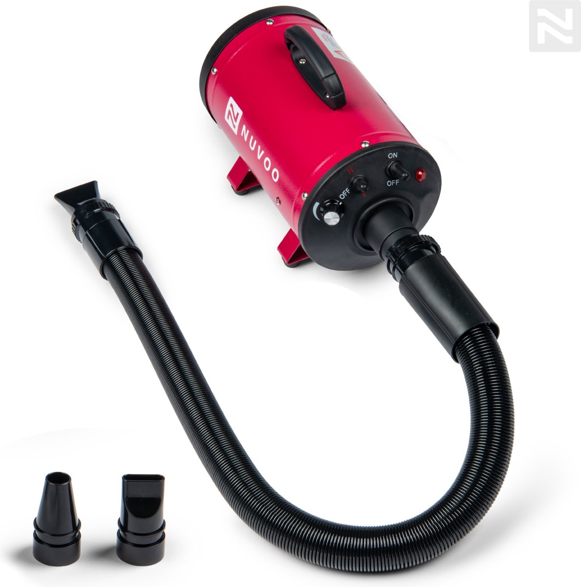 Nuvoo Professionele Hondenf�hn - Waterblazer - met 3 Opzetstukken - Verstelbare Vermogen tot 2200W - Warme en Koude Stand - Rood