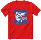 Fishing - Vissen T-Shirt | Grappig Verjaardag Vis Hobby Cadeau Shirt | Dames - Heren - Unisex | Tshirt Hengelsport Kleding Kado - Rood - L