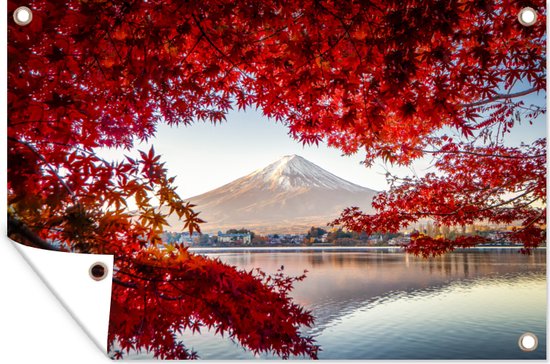 Décoration de jardin Mont Fuji vu à travers les feuilles rouges au Japon - 60x40 cm - Poster jardin - Toile jardin - Poster extérieur