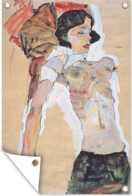 Tuindecoratie Liegendes halbbekleidetes Mädchen - schilderij van Egon Schiele - 40x60 cm - Tuinposter - Tuindoek - Buitenposter