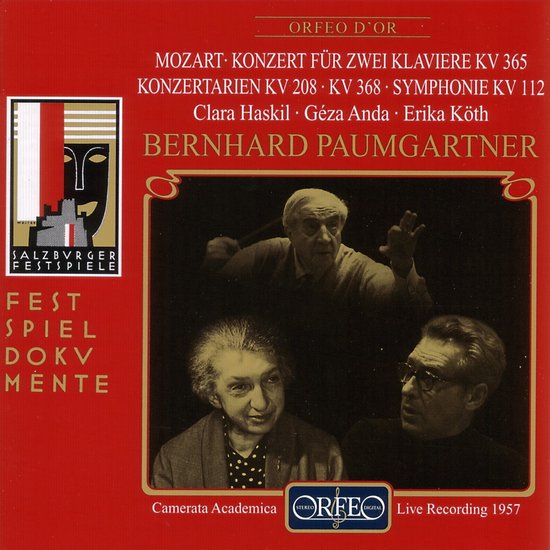 Albumhoes met tekst 'Mozart Konzert für zwei Klaviere KV 365', Clara Haskil, Géza Anda, Erika Köth, Bernhard Paumgartner. Bevat portretten van drie personen.