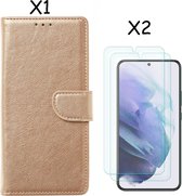 Samsung S22 hoesje Goud Samsung Galaxy S22 5G hoesje bookcase portemonnee cover - Samsung hoesje S22 - Samsung S22 screenprotector / 2X Beschermglas