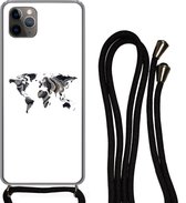 Hoesje met koord Geschikt voor iPhone 11 Pro Max - Wereldkaart - Goud - Lijn - Siliconen - Crossbody - Backcover met Koord - Telefoonhoesje met koord - Hoesje met touw