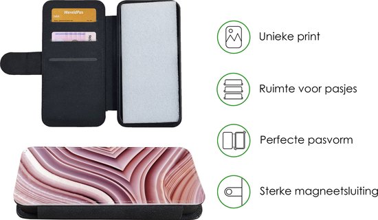 Bookcase Convient pour étui de téléphone iPhone 12 - Pierres naturelles - Rose - Gros plan - Avec compartiments - Étui portefeuille avec fermeture magnétique