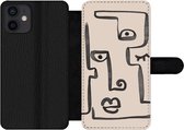 Bookcase Geschikt voor iPhone 12 telefoonhoesje - Oog - Lippen - Line art - Met vakjes - Wallet case met magneetsluiting