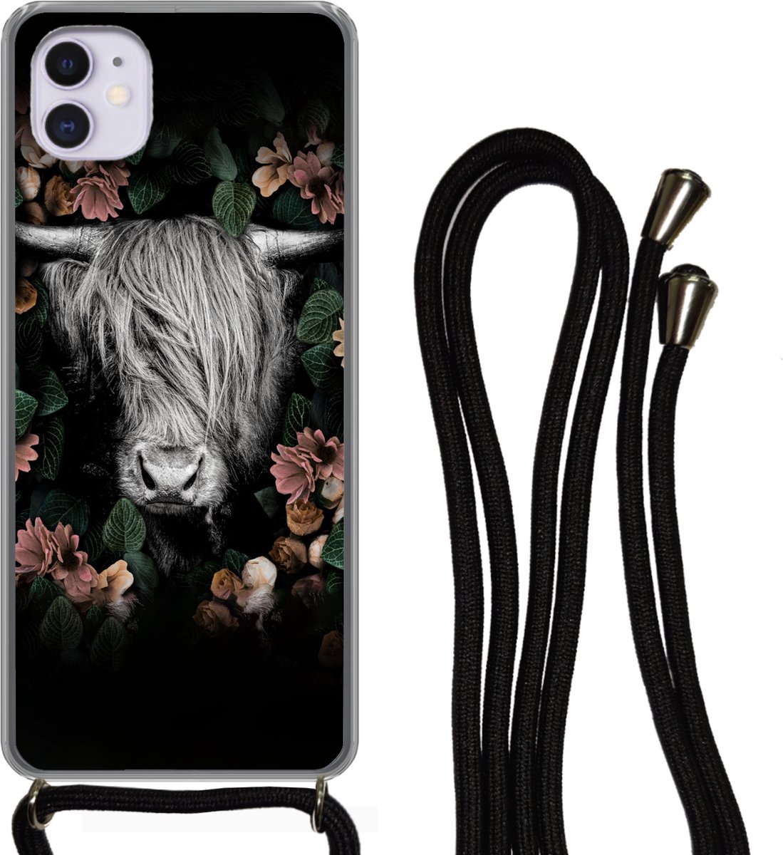 Hoesje met koord Geschikt voor iPhone 12 - Schotse hooglander - Bloemen - Roze - Siliconen - Crossbody - Backcover met Koord - Telefoonhoesje met koord - Hoesje met touw