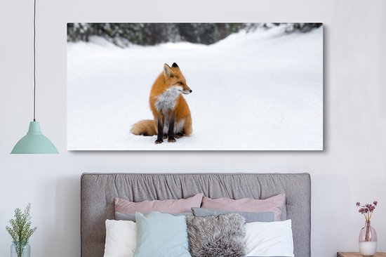 Toile Peinture Renard - Neige - Hiver - 160x80 cm - Décoration murale