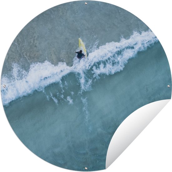 Tuincirkel Luchtfoto van een surfer in de blauwe golven - 120x120 cm - Ronde Tuinposter - Buiten XXL / Groot formaat!