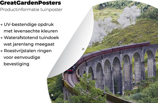 Tuincirkel Stoomtrein tussen het groene landschap in Schotland - 60x60 cm - Ronde Tuinposter - Buiten